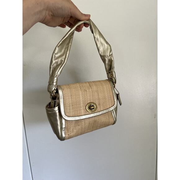 Coach Parker Straw Top Handle Handbag GOLD leather trim #42475 - Picture 3 of 12